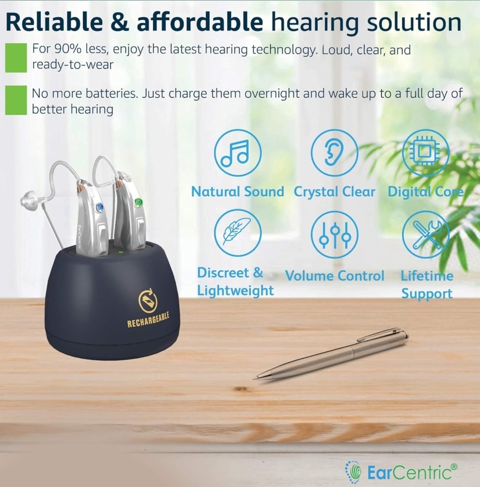 EarCentric EasyCharge Rechargeable Hearing Aids (Pair) Silver - New Sealed