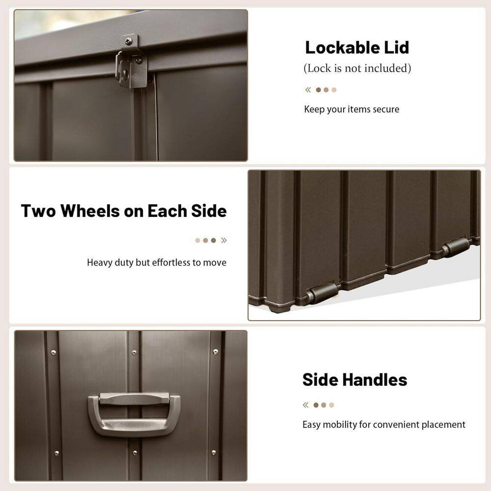 190 Gal. Brown Steel Deck Box with Handle, Rolling Wheels, Lockable Storage Benc