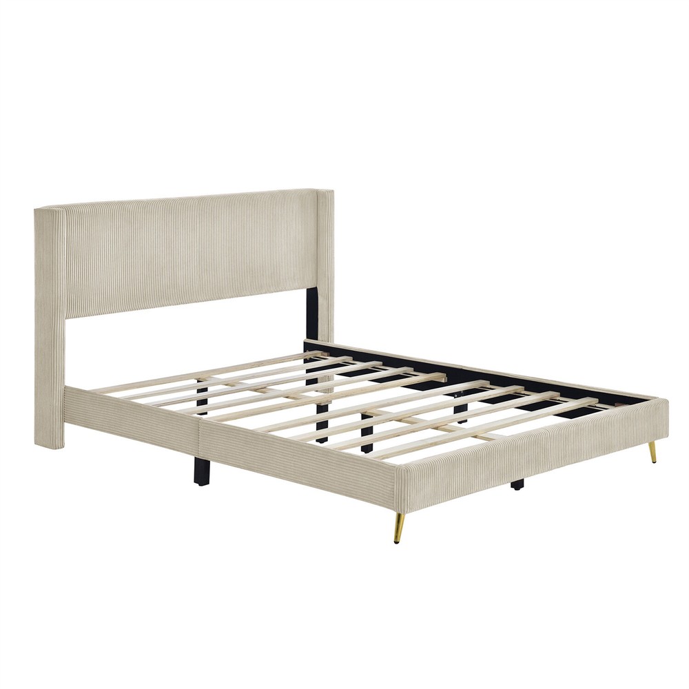 Queen Size Bed Frame Upholstered Platform Bed w/ Upholstered Headboard Beige