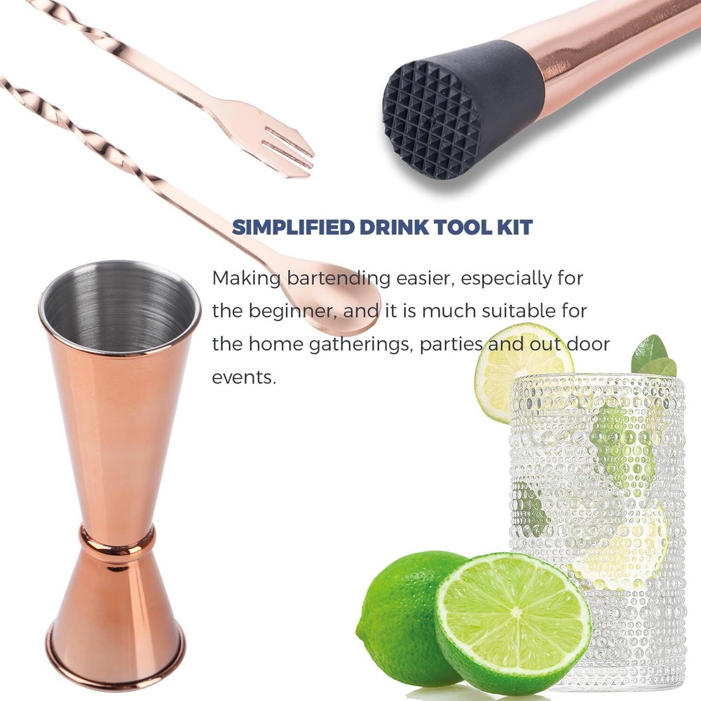 3pcs Rosegold Muddler Set Cocktail Muddler Jigger Bar Spoon Bartender Tools
