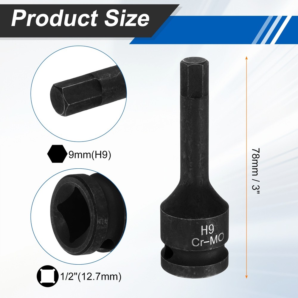 1/2" Drive Impact Hex Bit Socket 9mm Metric CR-MO Steel Hexagonal Socket