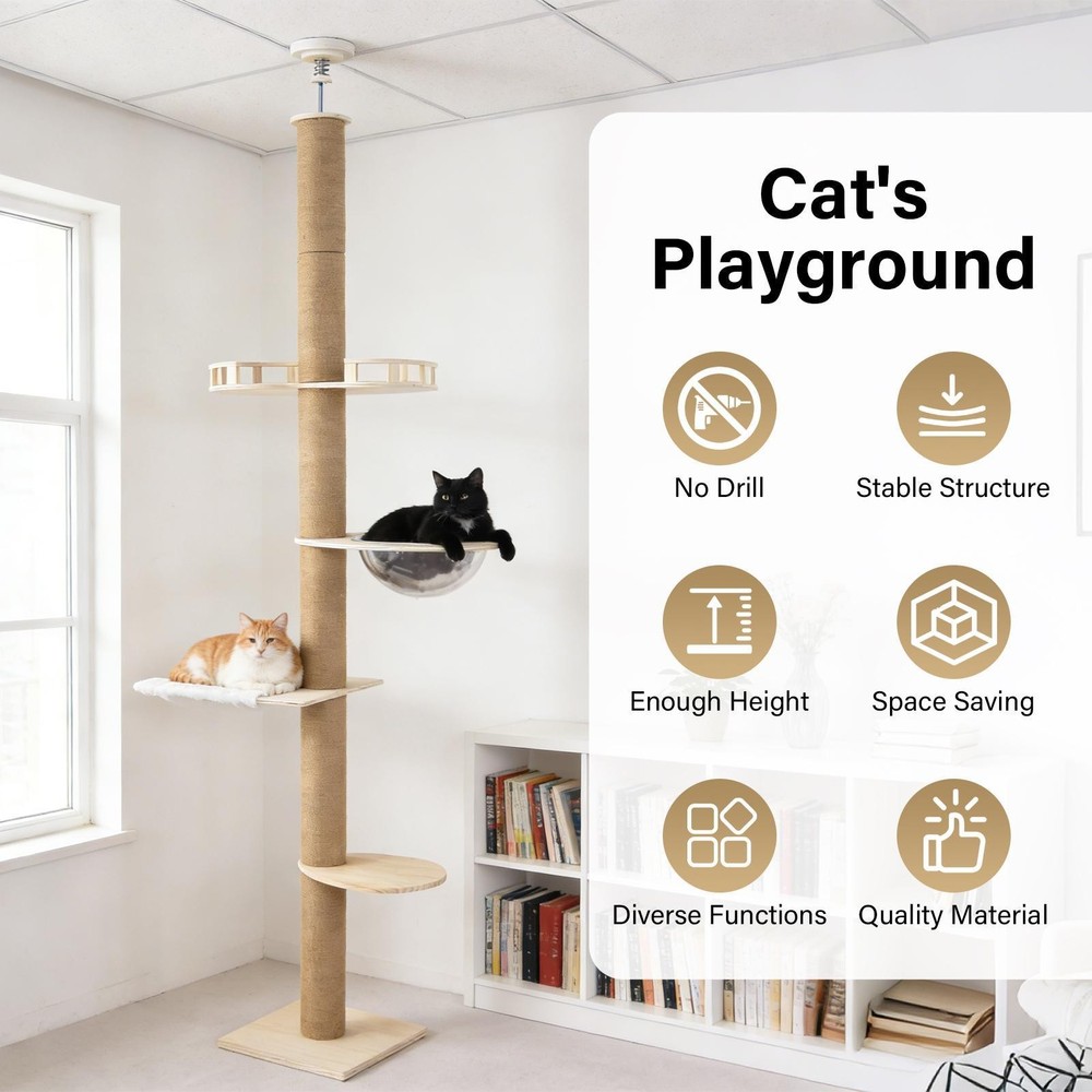 Adjustable 102-104" Ceiling Cat Tree Large Cats Condo w/ Scratching Post&Hammock