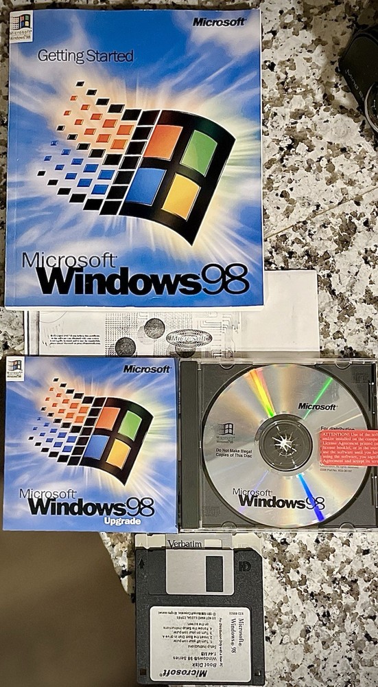 Windows 98 Compkete CD + Key + Boot 3.5 With Upgrade Disk + Box & Documents 100%
