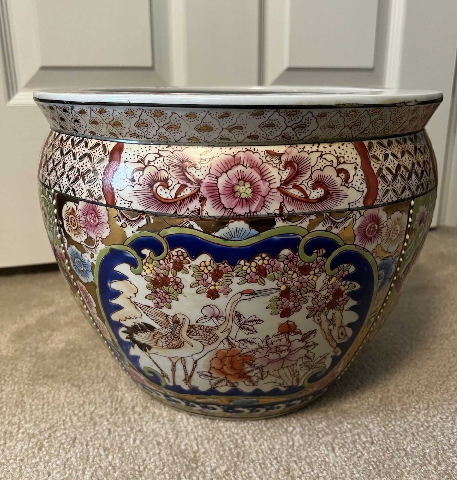 Chinese Koi Fish Bowl Jardiniere Pot Planter Hand Painted Porcelain 12"