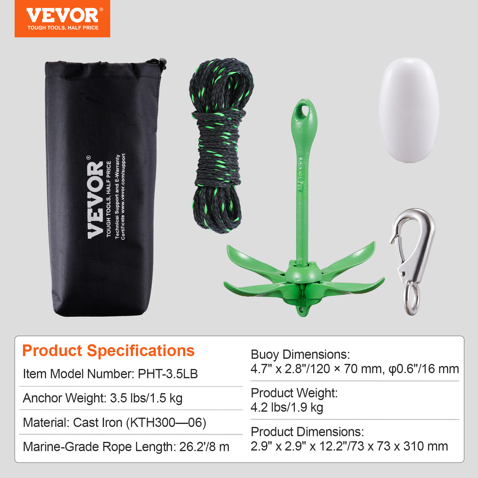 VEVOR Kayak Anchor Kit 3.5 lb Paddle Board Anchor Kit with 26.2 ft Rope and Buoy