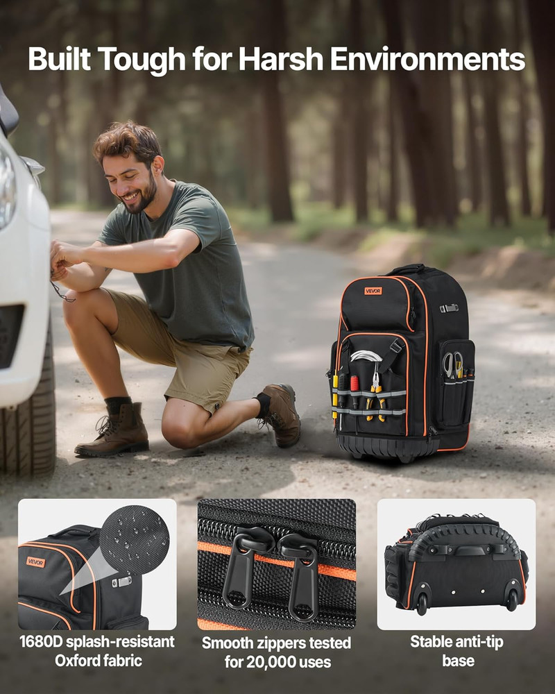Rolling Tool Backpack, 110 Lbs Load Capacity, 72 Pockets Heavy Duty Roller Tool