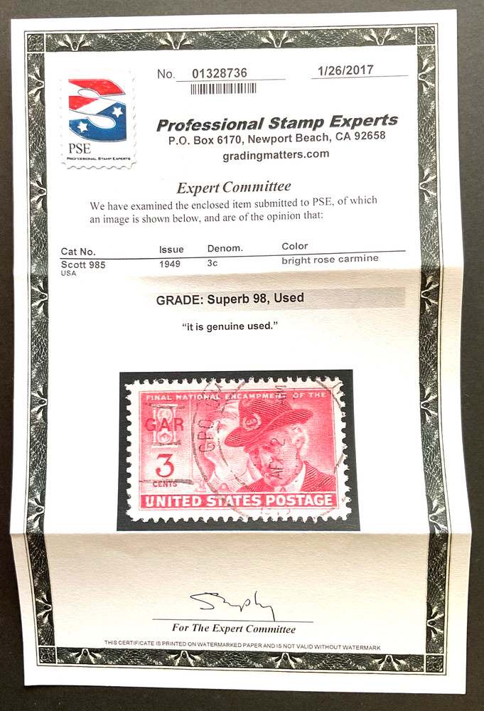 #985 Used, PSE Graded 98, PSE Cert # 01328736