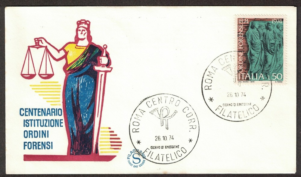 2 _ Italy 1974 _ Envelope FDC _ 100th Institutions Forensic Orders - Filagrano