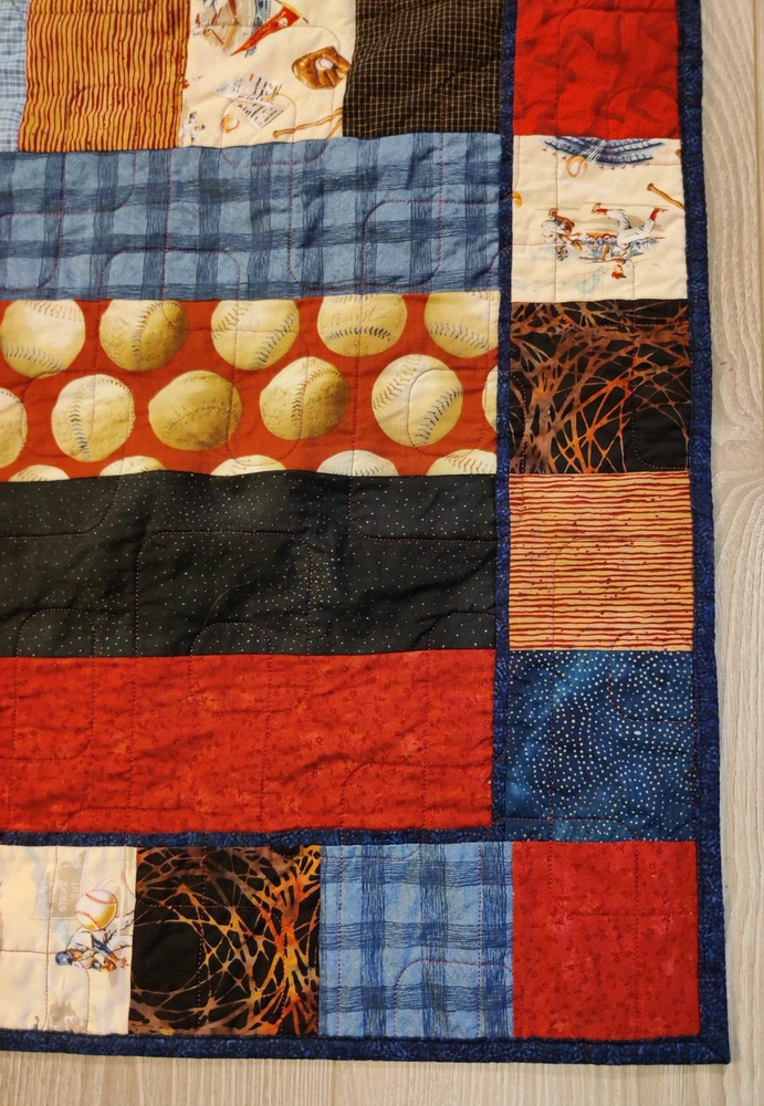 Patchwork Quilt Throw Blanket Handmade Machine Stitched/Baseball Theme 65x79