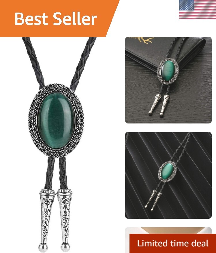 Versatile Round Shape Bolo Tie - Adjustable Green Cat Eye Agate and Leather
