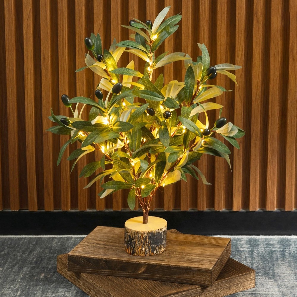 Lighted Tabletop Olive Tree, Artificial Greenery Tree Indoor 19IN 49 Warm Whi...