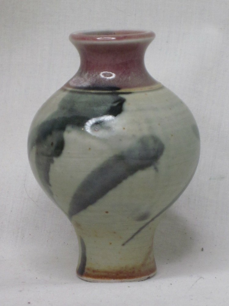 small glazed ceramic vase unique 3" signed art