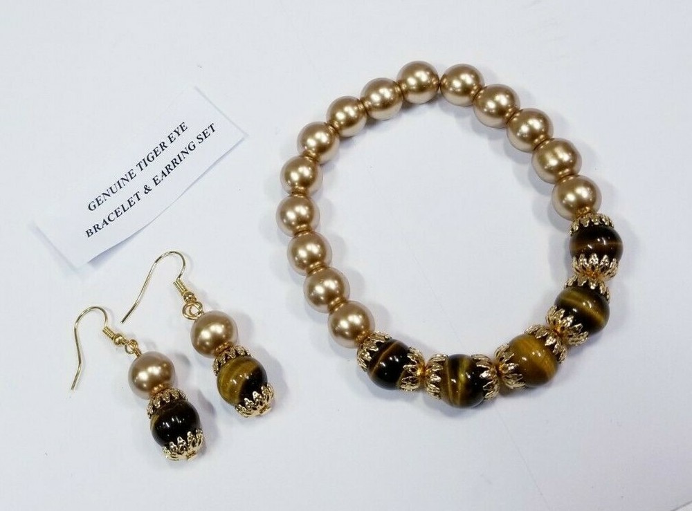 GENUINE TIGER EYE BRACELET & EARRING SET