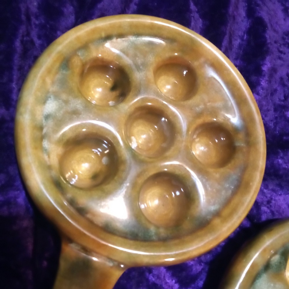 4 Brown Ceramic Mottled Drip Glaze Escargot Baking Serving Dishes Nice!