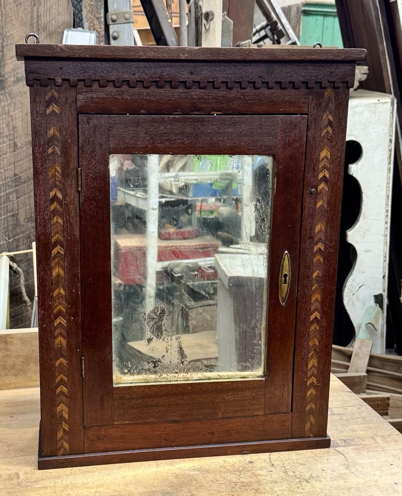 Antique Victorian Medicine Cabinet w/ Inlay Wood Wall Cabinet Original Mirror