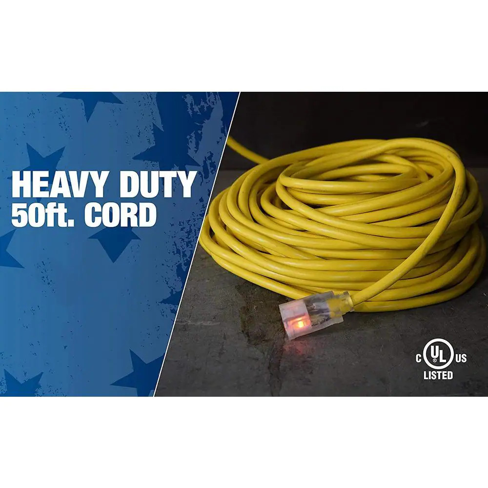 50 Ft. 12/3 SJTW Hi-Visibility Outdoor Heavy-Duty Extension Cord with Power Ligh