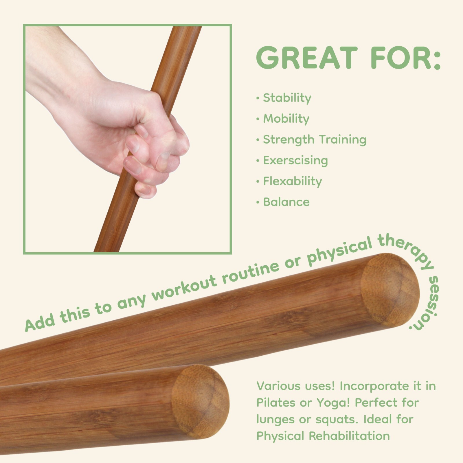 BambooMN Bamboo Bo Staff Stick Round End