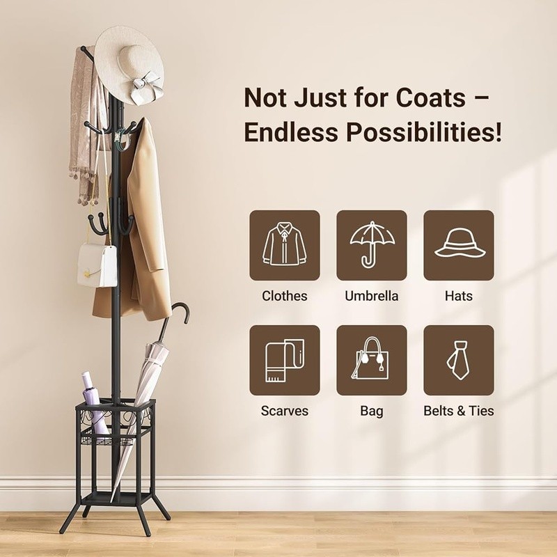 Freestanding Coat Rack & Umbrella Holder 12 Hooks Space Saving Easy Installation