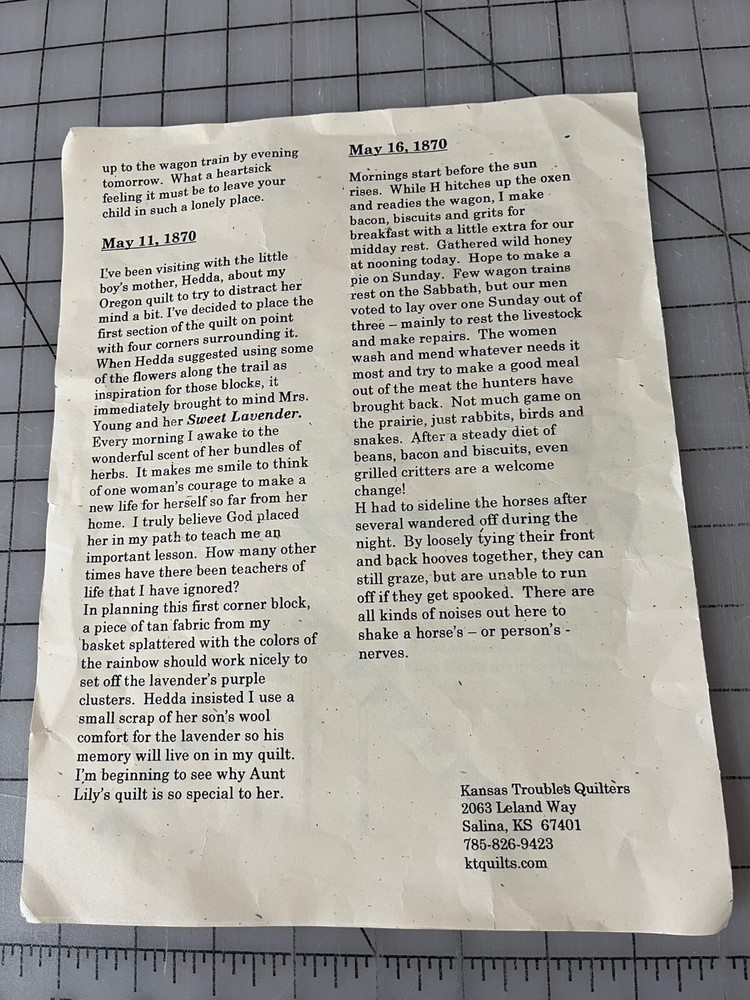 Stitches On The Oregon Trail Quilt Kit Patterns Fabric Instructions Chapter 3
