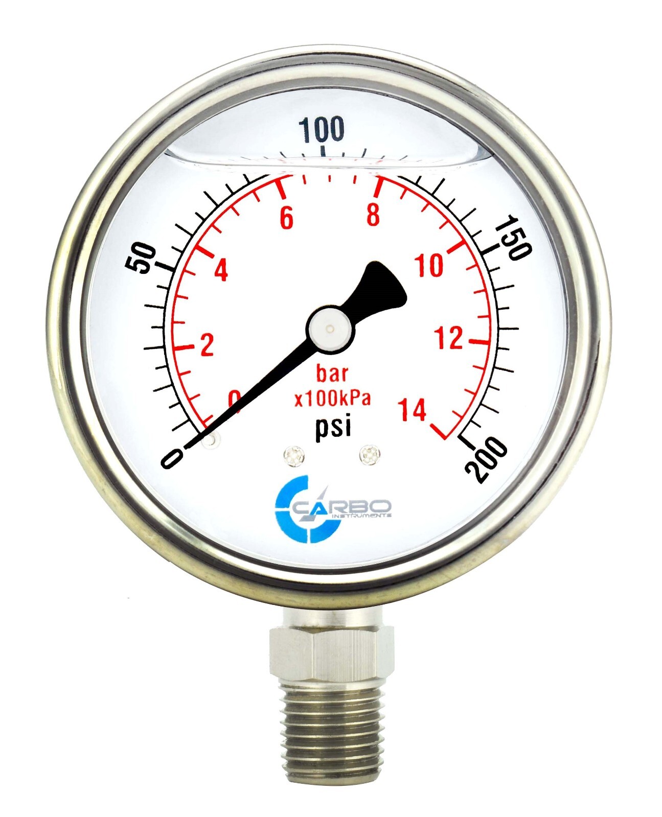 2-1/2" Pressure Gauge, Stainless Steel Case, Liquid Filled, Lower Mnt 200 PSI