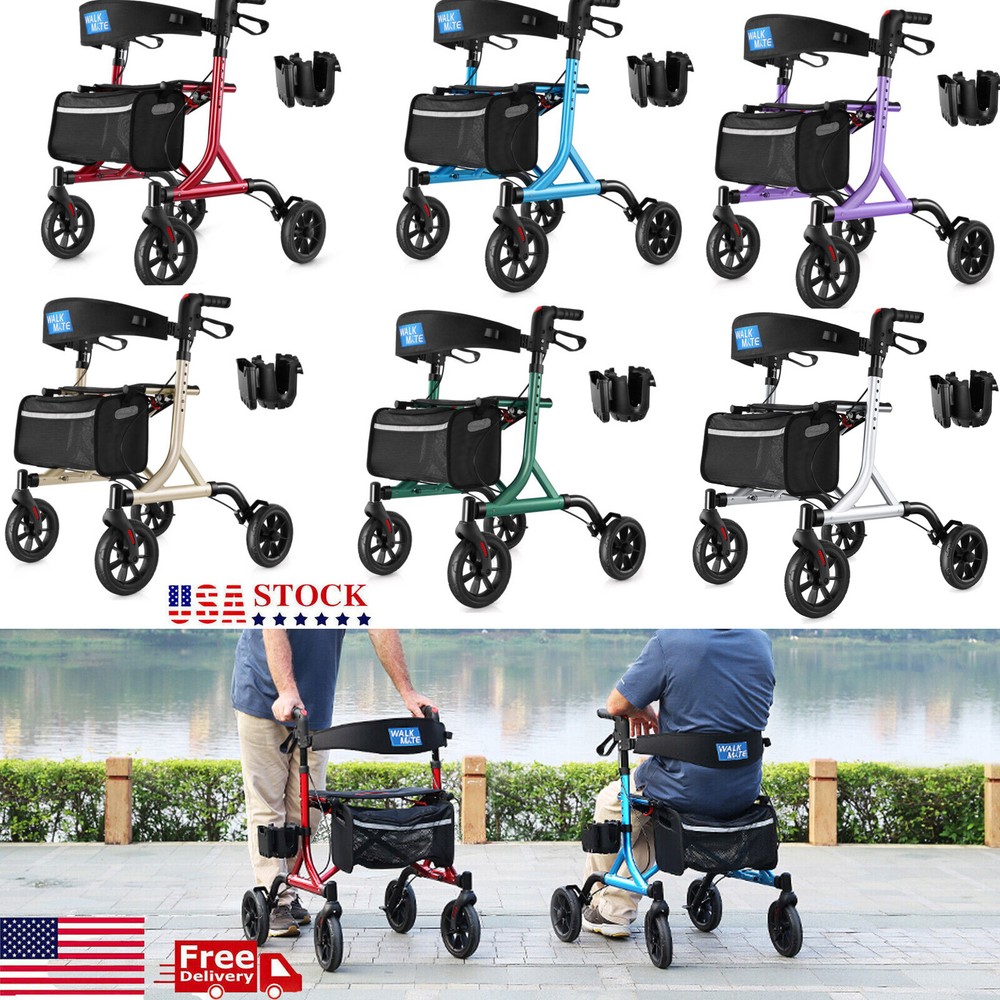 Senior Walker Lightweight Rollator Walker With Seat Back Support & Storage Bag