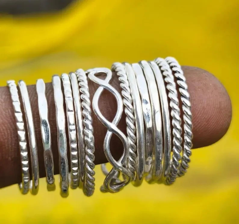Set of 15 Silver Ring Set | Stackable Sterling Silver Rings | Boho Mini All Size