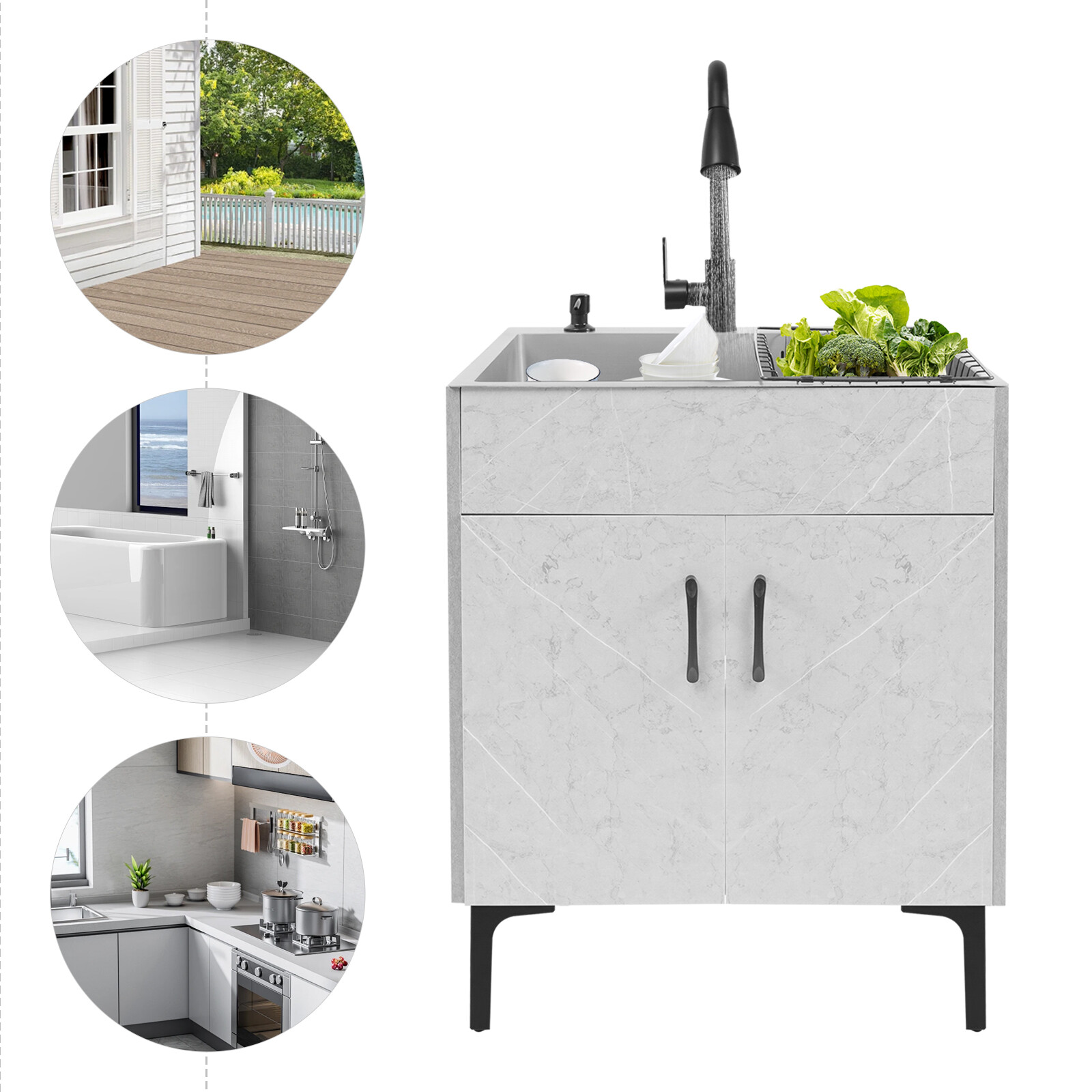 Gray Laundry Stainless Steel Sink with Cabinet + PDraining Basket+Faucet