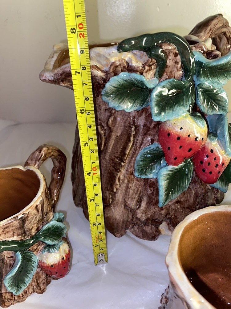 Apple Tree Strawberries Design Bark Ceramic pitcher and cup set damaged