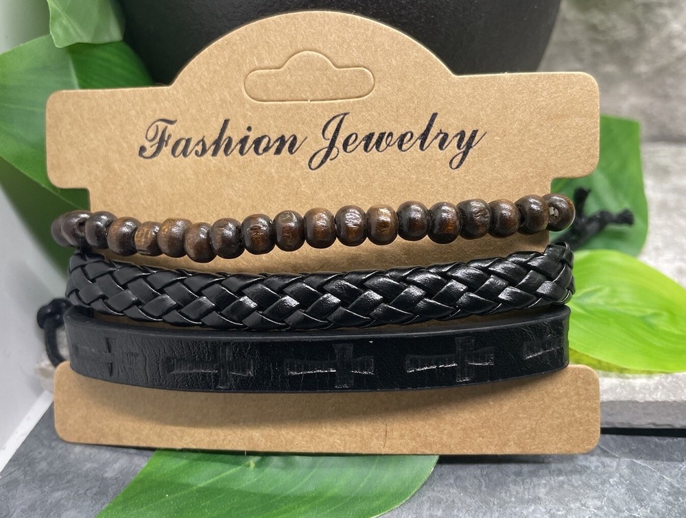 3 PC Wood Bead PU Leather Bracelet Stackable Adjustable Tie New Cross B3632