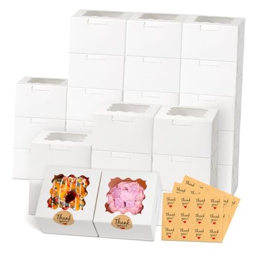 26pcs White Cookie Boxes with Window, 4x4x2.5 Inches Small Bakery Boxes with
