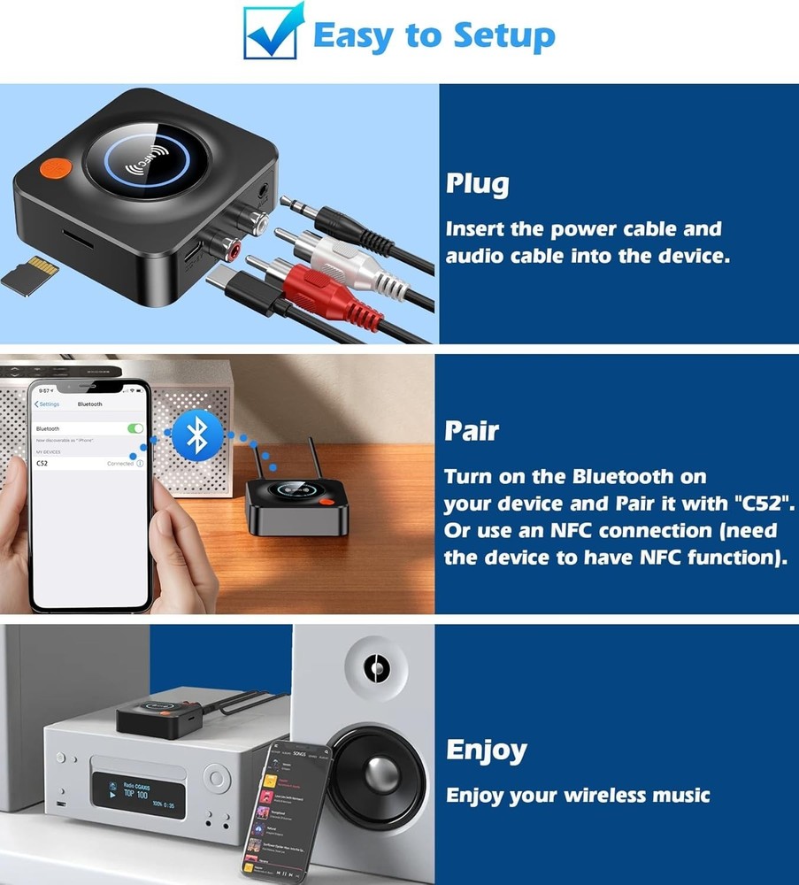 Bluetooth Receiver for Home Stereo, AUX RCA to Bluetooth Adapter for Old Speaker