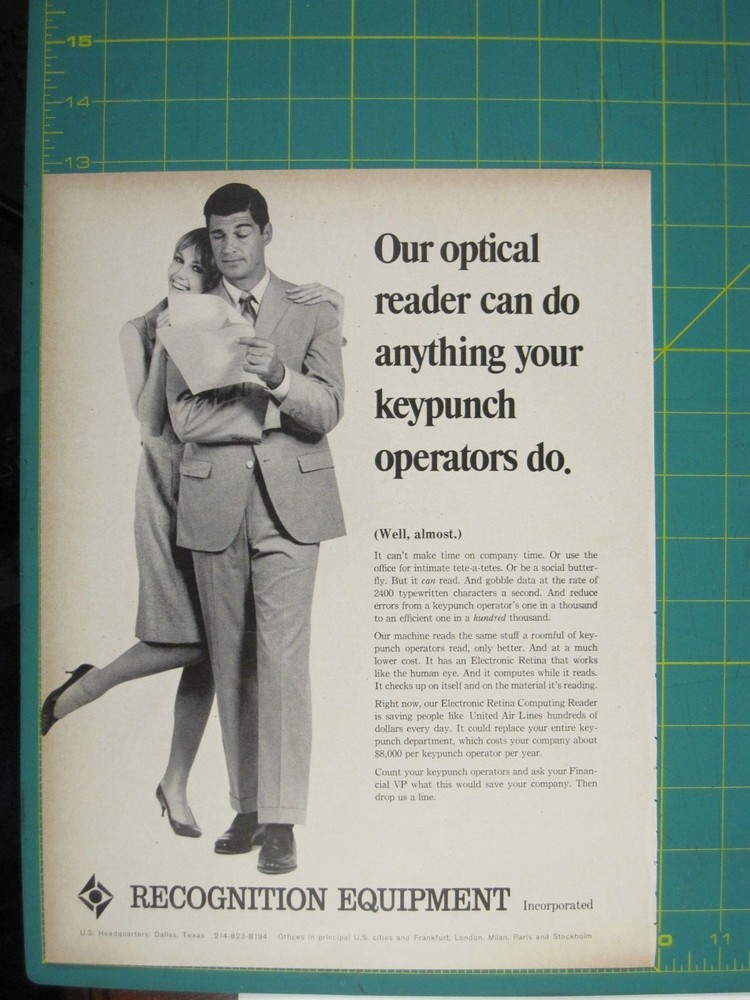 Print Ad Recognition Equipment Optical Reader Ad 1960s Tech Keypunch Efficiency