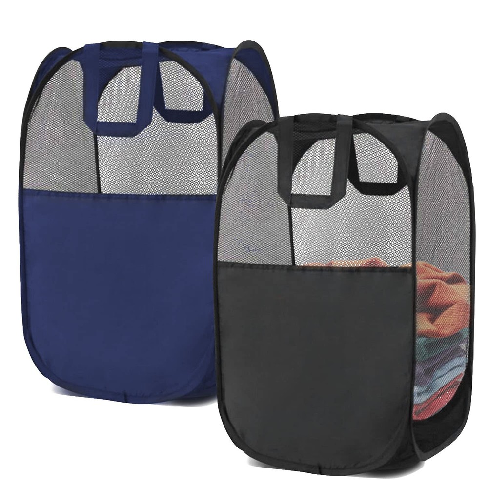 2 Pop-Up Laundry Baskets Foldable Mesh with Reinforced Handles Black and Blue