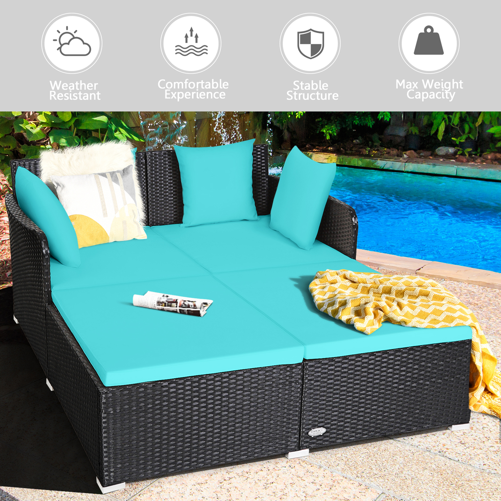 Rattan Patio Daybed Loveseat Sofa Yard Outdoor w/ Turquoise Cushions Pillows