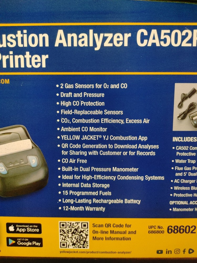 Yellow Jacket CA502P Combustion Analyzer Printer Kit 68602, NEW/Open Box