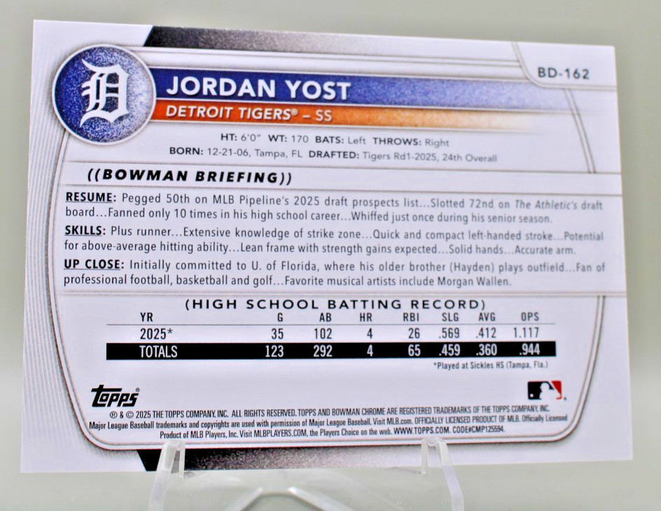 2025 Bowman Draft Jordan Yost #BD-162