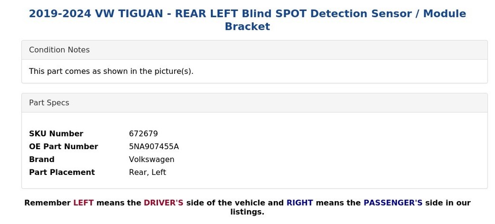 2019-2024 VW TIGUAN - REAR LEFT Blind SPOT Detection Sensor / Module Bracket