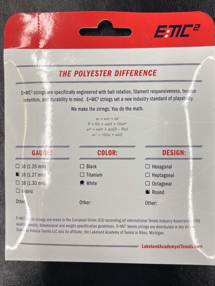 E=MC² 100% Polyester Tennis Strings - White (3 Pack)