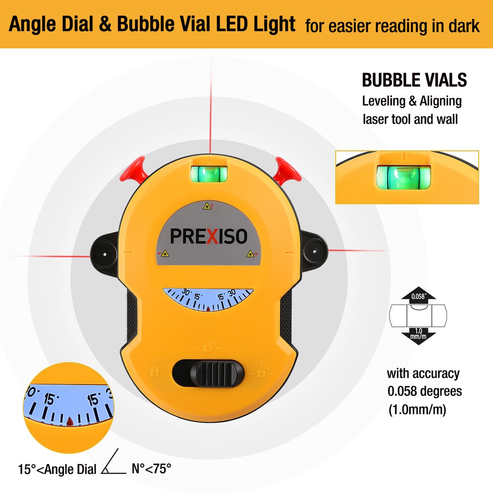 PREXISO Multi Surface Laser Level LED Light Vial 30Ft Horizontal Vertical Laser