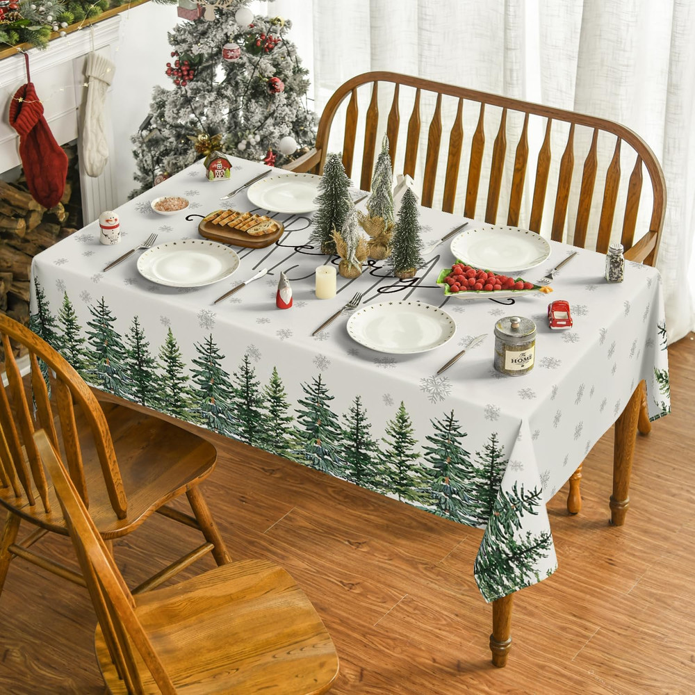 Christmas Tablecloth 60×84 Inch Rectangular, Winter Snow Trees White Washable Ta