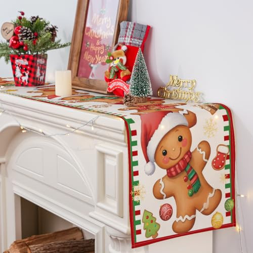 Christmas Table Runner, Gingerbread Decorations, Brown Cartoon Pattern, 13''