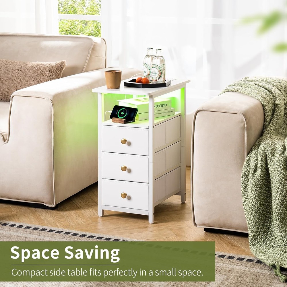 End Table W/ Charging Station LED Narrow Side Table Bedside Table Small Night