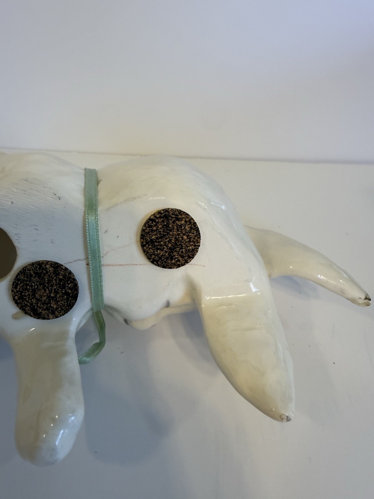 Vintage Ceramic Sleeping Bunny Shelf Sitter Hand-painted White Rabbit Ear Repair