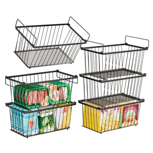 6 Pack Stackable Deep Freezer Organizer Bins ，Upgraded Bottom Leak Black 6 Pack