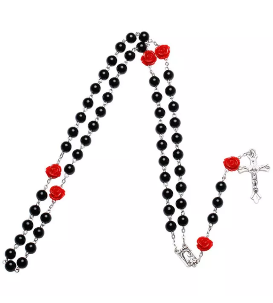 Black & Red Rose Bead 5 and 1 Decade Rosary Gift Set Catholic Christian 8mm bead
