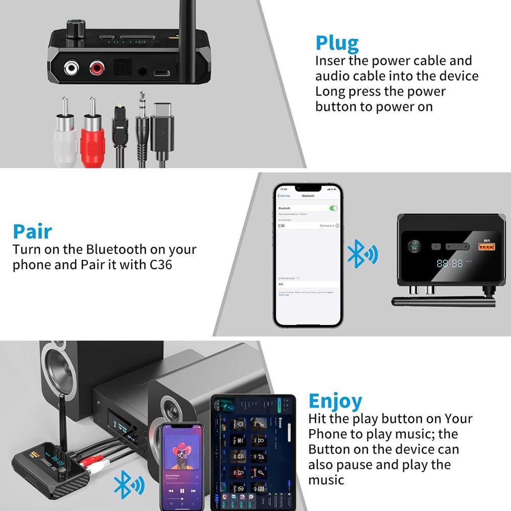 Audio Receiver Home Stereo Adapter AUX USB Optical HD Music to RCA Bluetooth 5.3