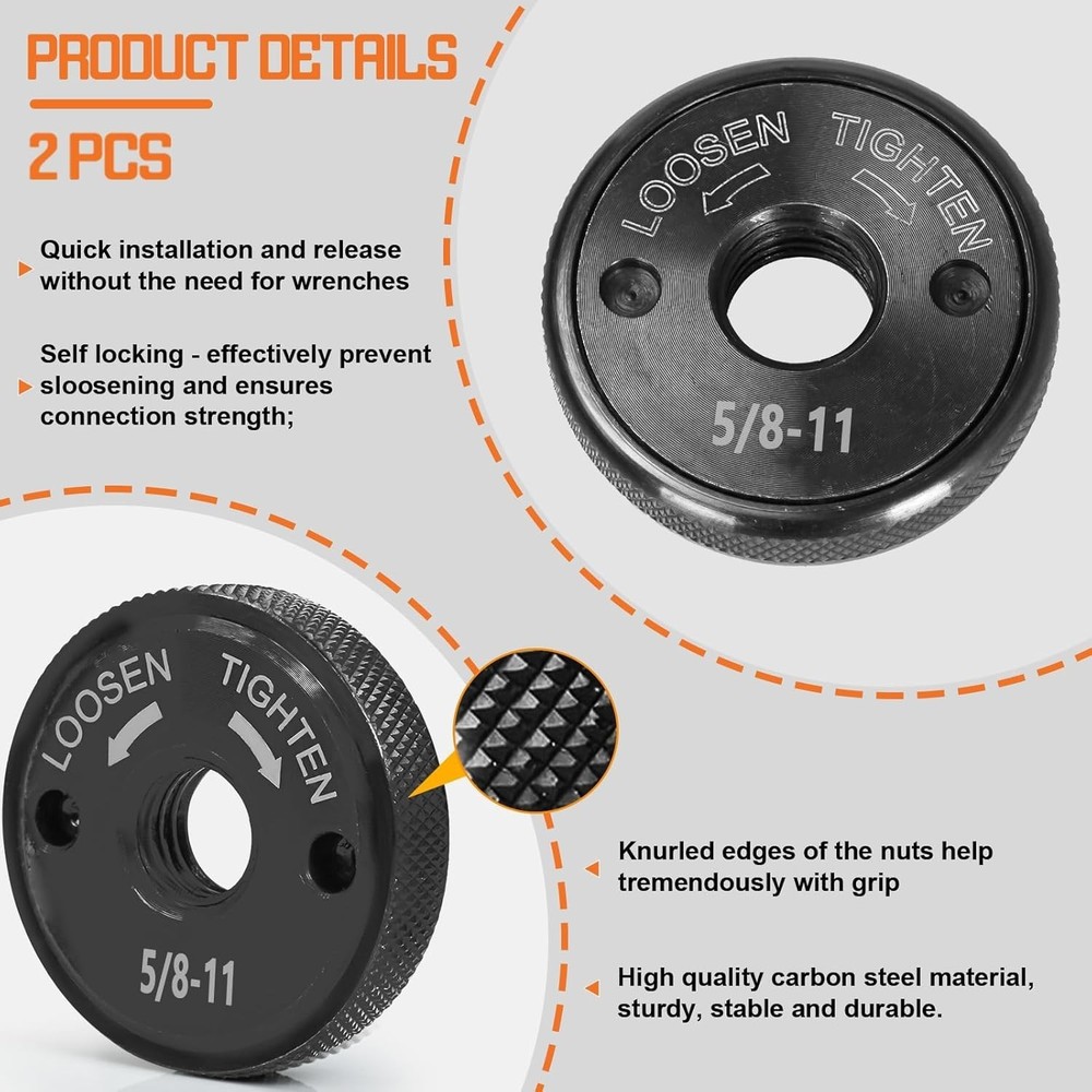 Self-Locking Flange Nuts for 4.5" & 5" Angle Grinders, 2PCS, No Wrench Needed