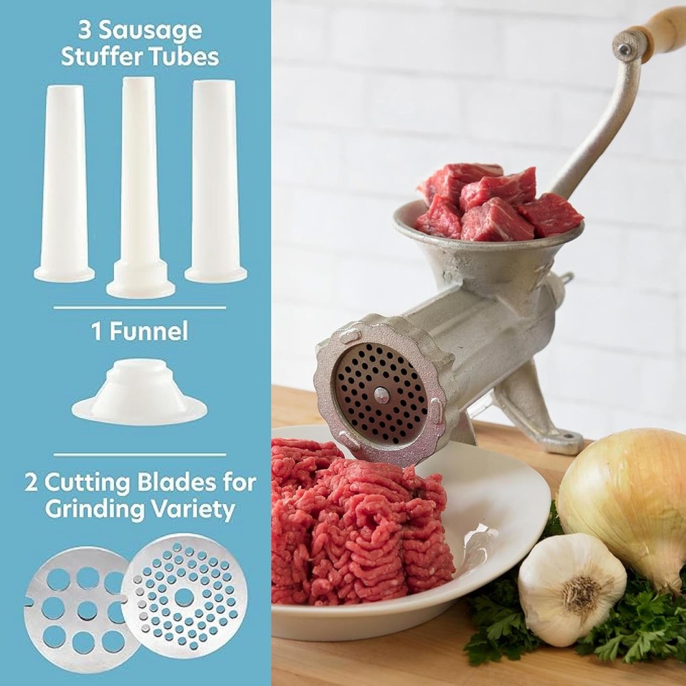 Cast Iron Table Mount Meat Grinder- Manual Mincer Includes Two 3/4" Silver