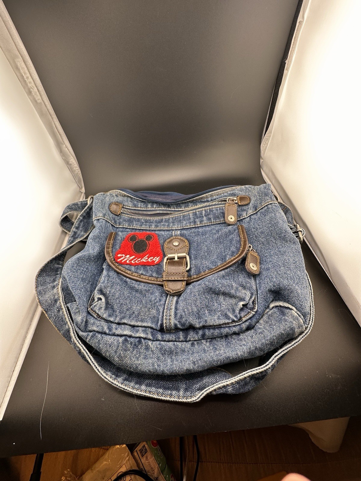 Vtg Mickey Mouse Disney 1990s Dark Denim Jean Purse Bag Patches Zippers READ