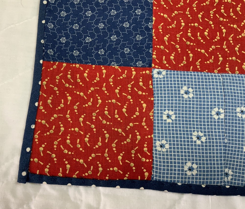 Vintage Antique Patchwork Quilt Table Topper, Four Patch, Early Calicos, Red